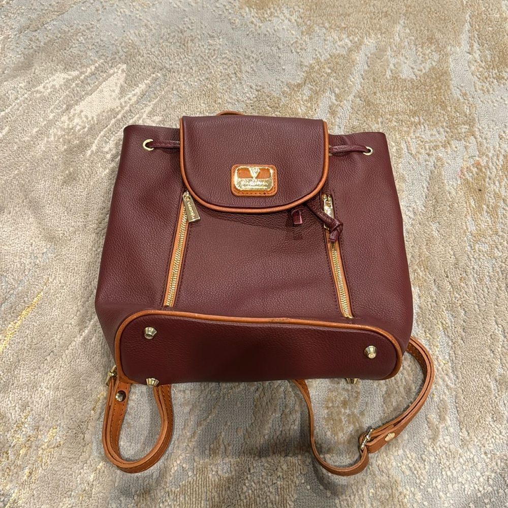 Valentina burgundy Leather Backpack with Brown Leather Trim Made in Italy EUC